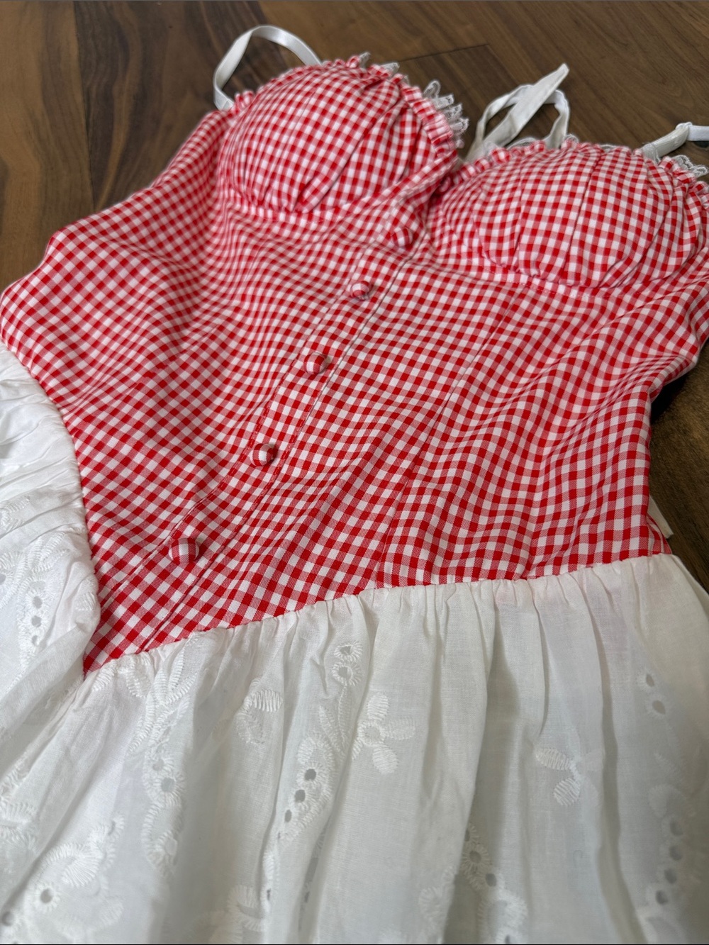 Red Gingham Bustier Dress with White Eyelet Skirt with short attached. - Picture 2 of 3